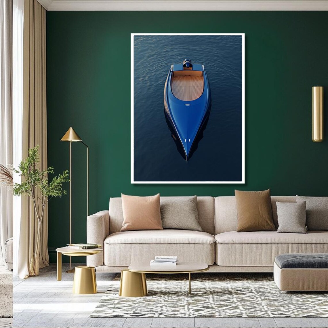 Elegant Blue Boat Art Print Minimalist Nautical Wall Decor Tranquil Water Scene For Modern Living Room Luxury Coastal Wall - Image 2