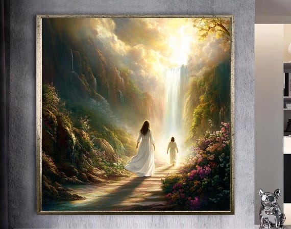 Paradise Waterfall Wall Art Heavenly Path Print Spiritual Journey Wall Decor Garden Of Eden Scene