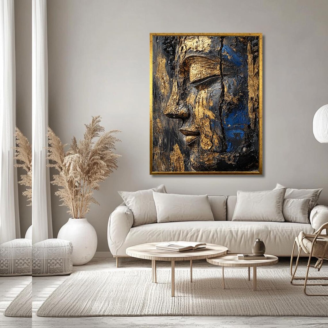 Golden Buddha Face Textured Blue Gold Abstract Zen Art Poster - Image 3