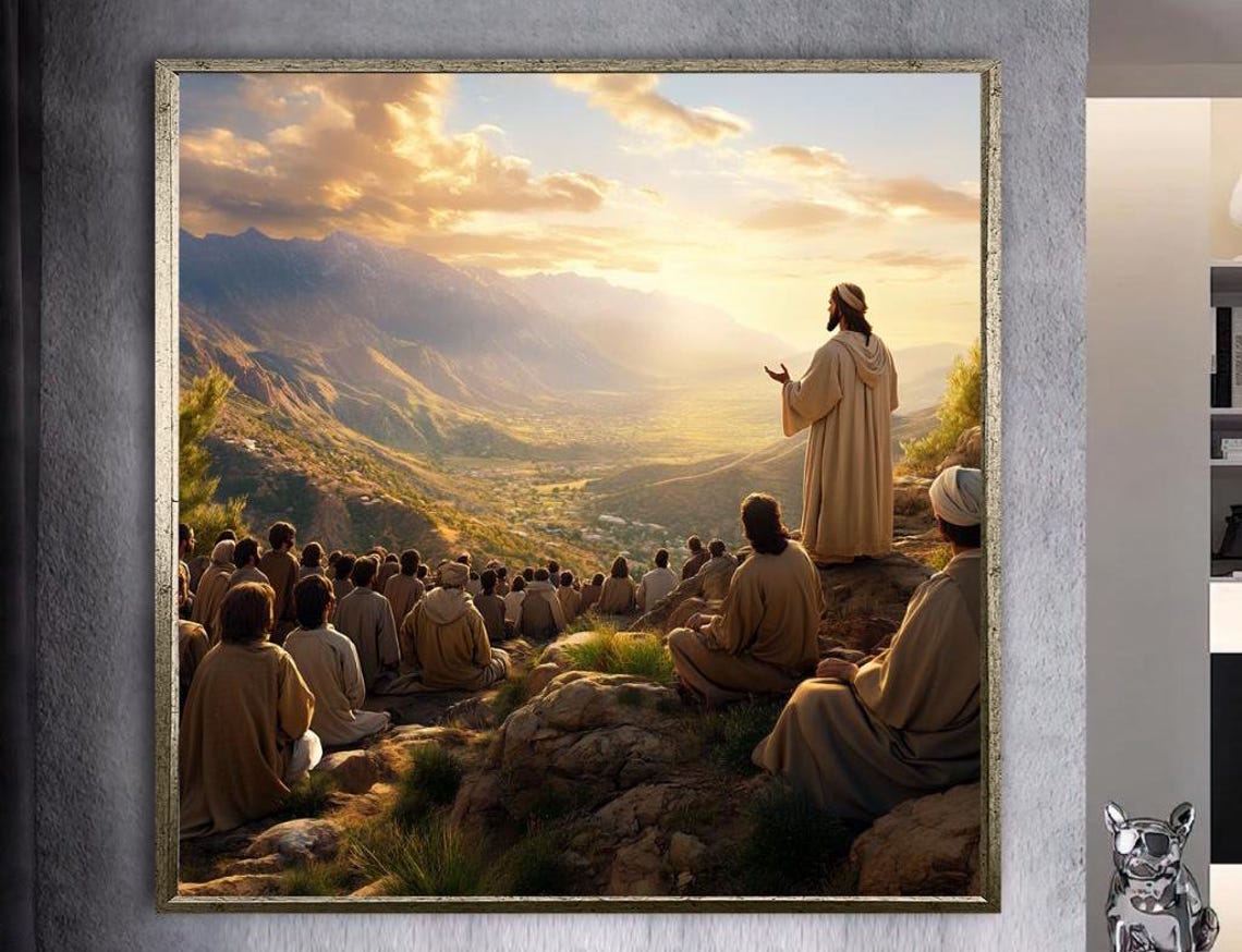 Jesus Preaching Sermon on the Mount at Sunset Biblical Poster