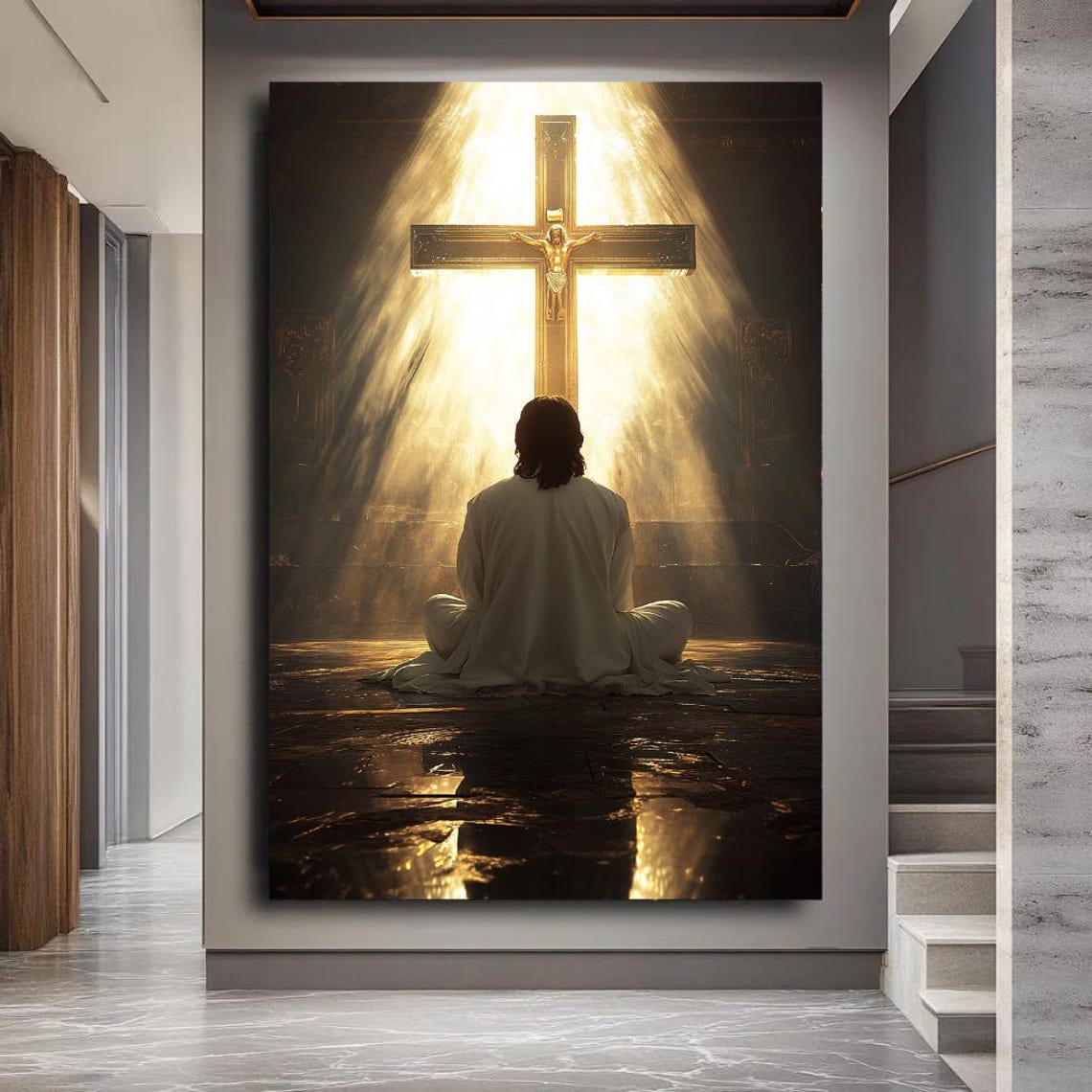 Praying Figure Before A Glowing Crucifix In Divine Light Poster - Image 3