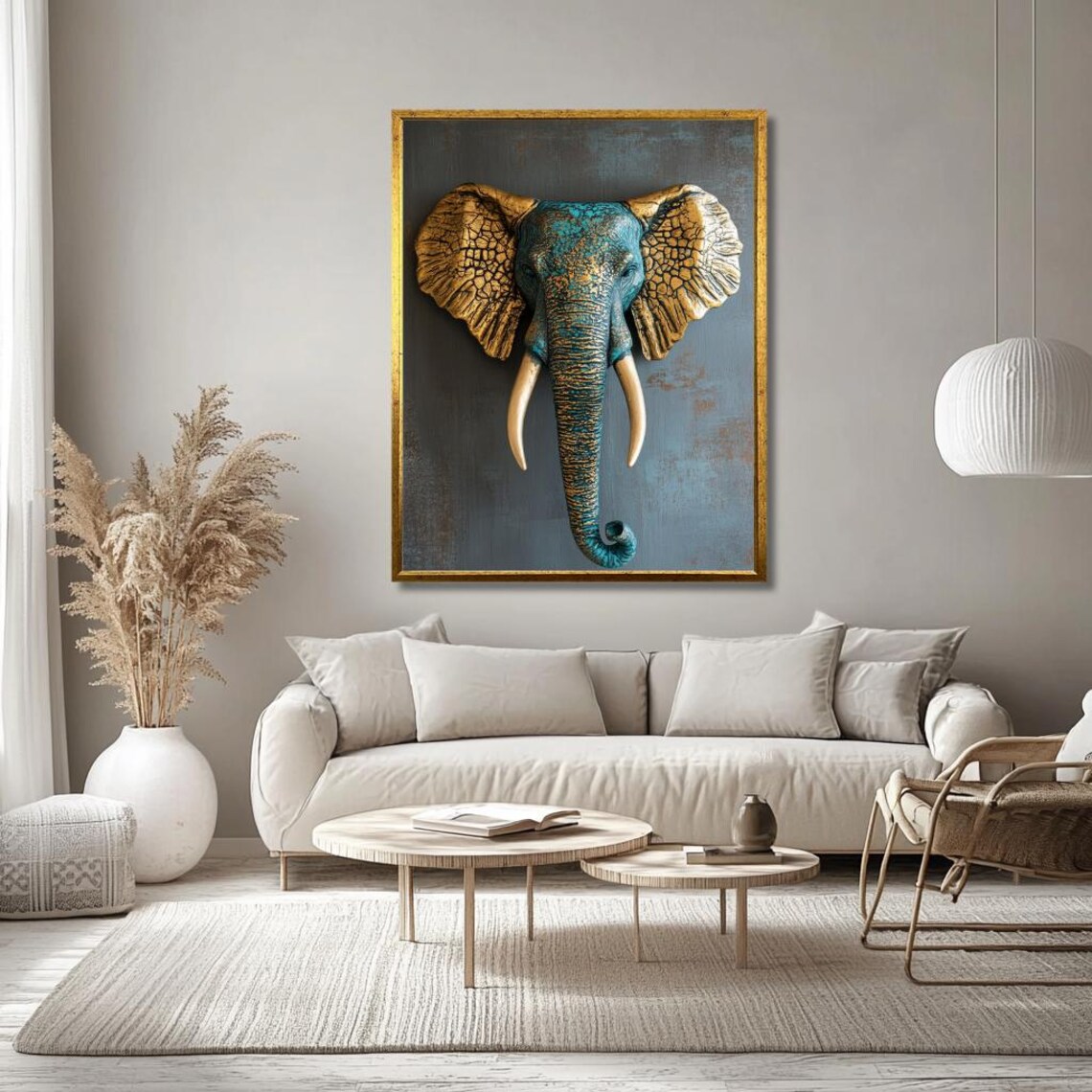 Regal Teal And Gold Elephant Head Textured Wildlife Poster For Living Room Decor - Image 2