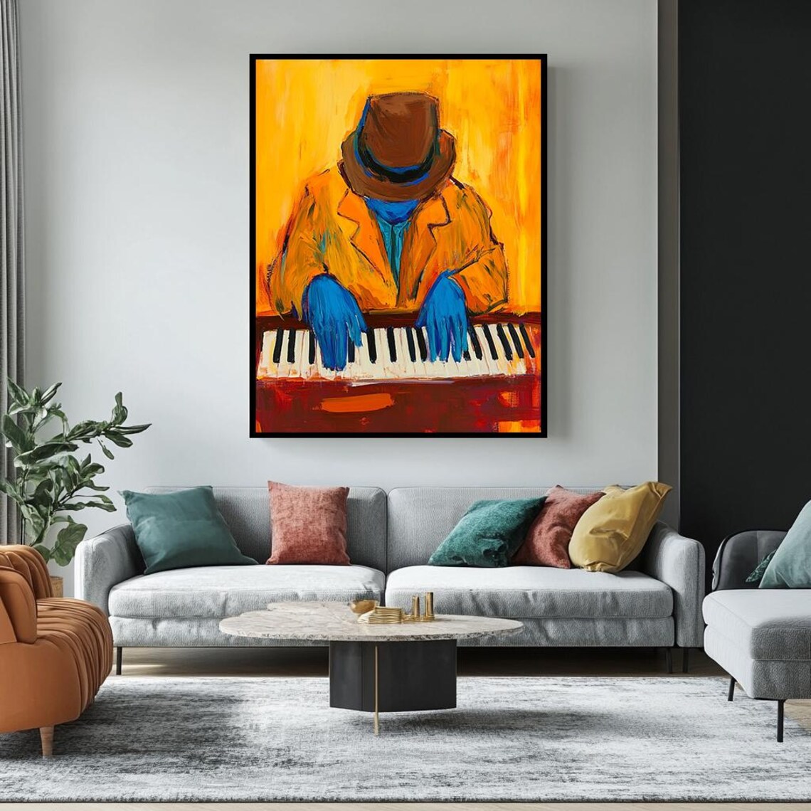 Jazz Pianist In Fedora With Blue Hands On Expressive Orange Keys Poster - Image 2