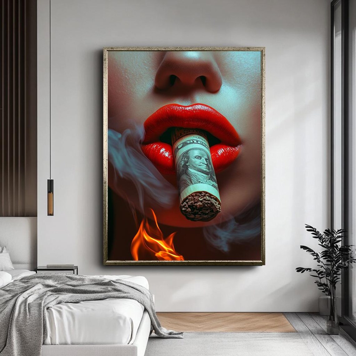 Luxury Wall Art Red Lips With Burning Dollar Bold Modern Decor