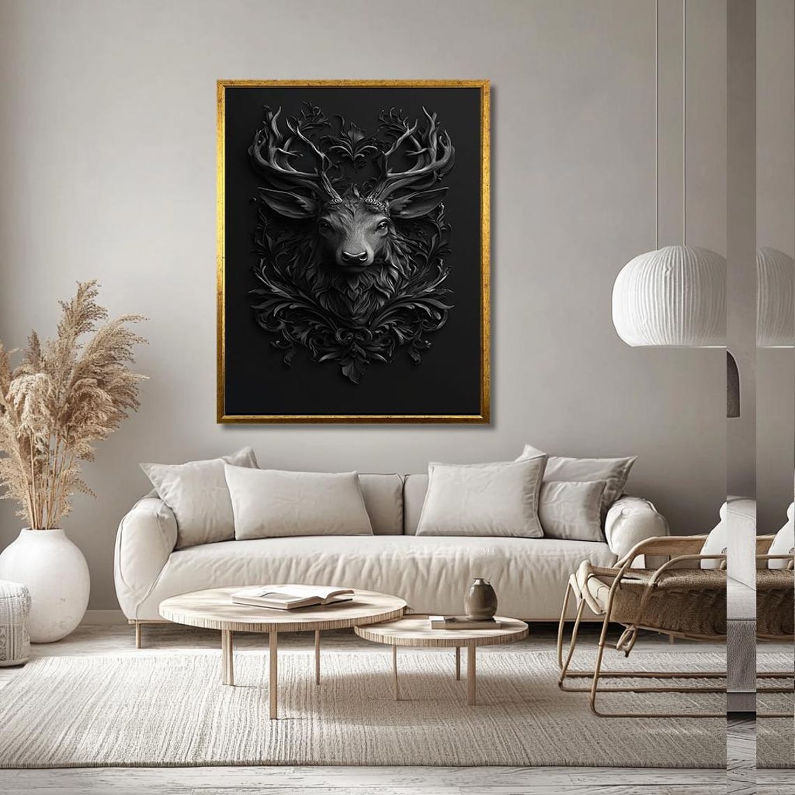 Gothic Black Stag Head Relief With Dark Ornate Foliage Poster - Image 3