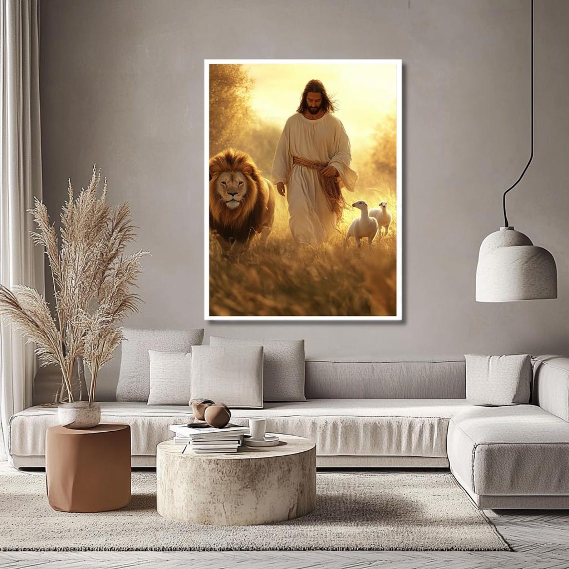 Jesus Walking With Lion and Lambs in Golden Morning Light Poster - Image 2