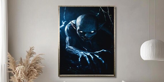 Dark Blue Demon With Glowing Eyes Emerging Fantasy Horror Poster