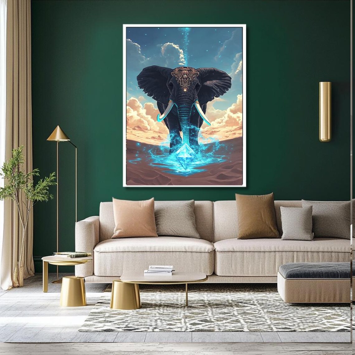 Mystical Elephant With Blue Crystal Energy Desert Scene Art Poster - Image 2