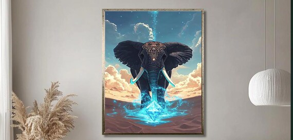 Mystical Elephant With Blue Crystal Energy Desert Scene Art Poster