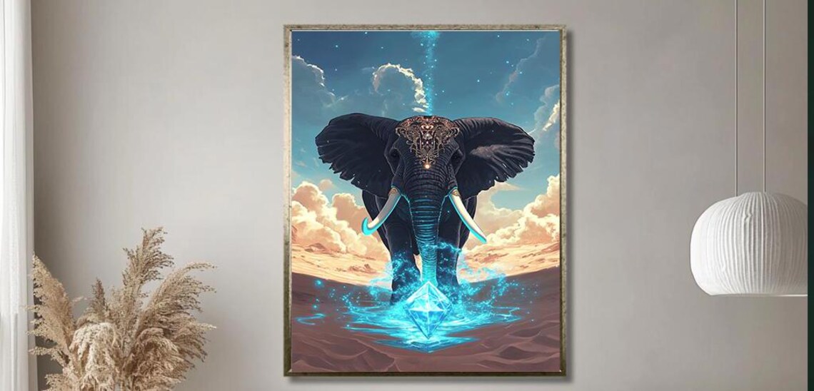 Mystical Elephant With Blue Crystal Energy Desert Scene Art Poster