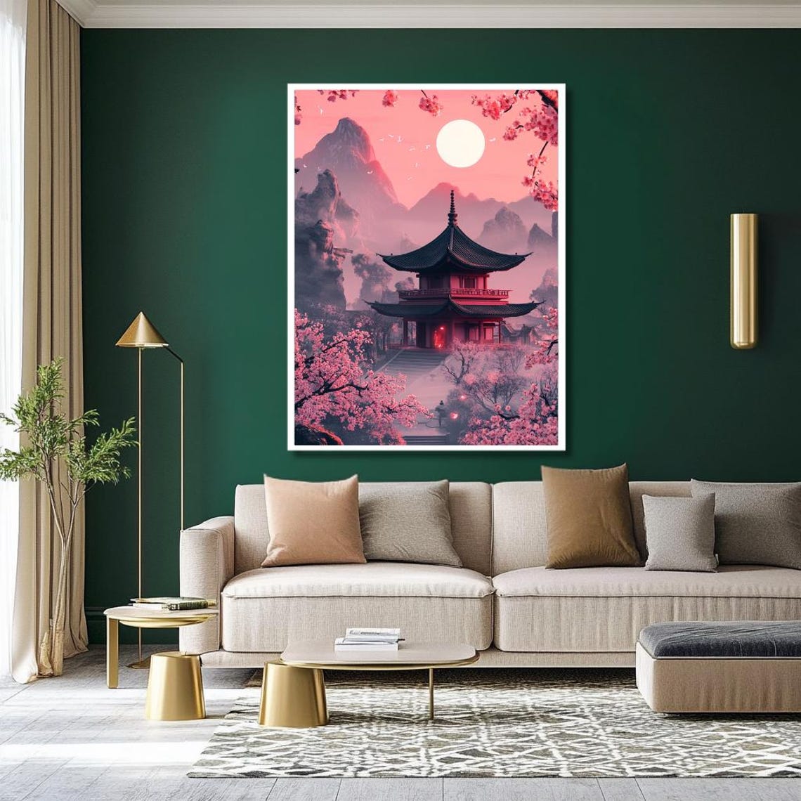 Japanese Pagoda Temple With Cherry Blossoms At Pink Sunset Poster - Image 2