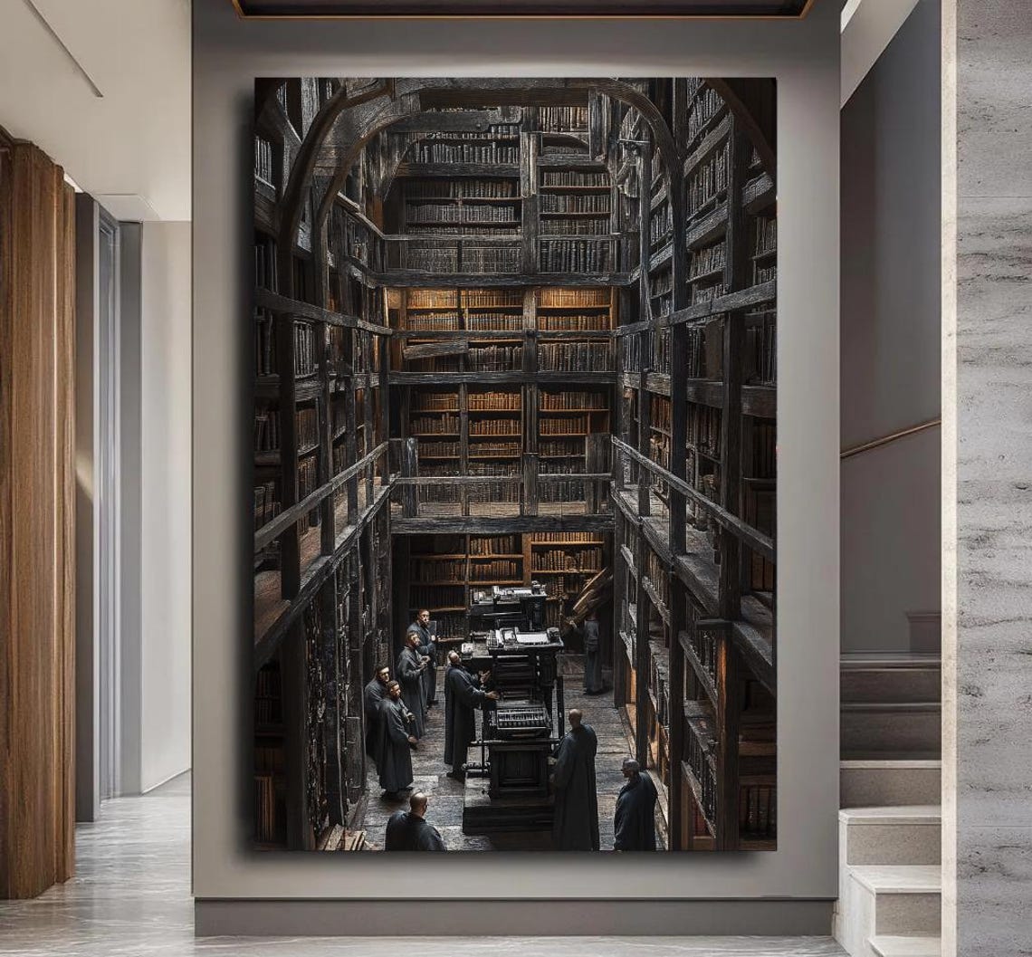 Gothic Grand Library with Scholars Moody Dark Academia Art Poster - Image 3