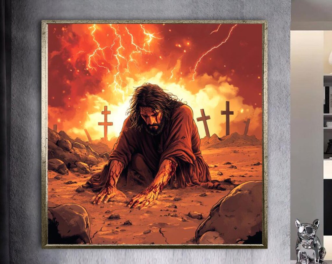 Jesus Kneeling in Suffering Beneath a Fiery Sky of Crosses Poster