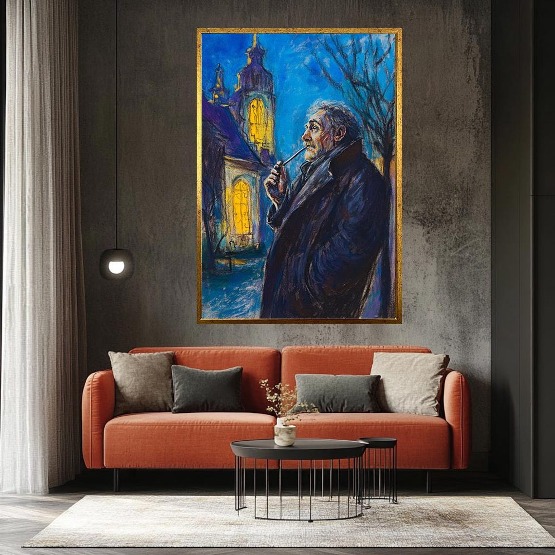 Old Man Wall Art Moody Night Scene Painting Blue Abstract Expressionism Old Man With Pipe Artwork Thoughtful Home Decor - Image 3