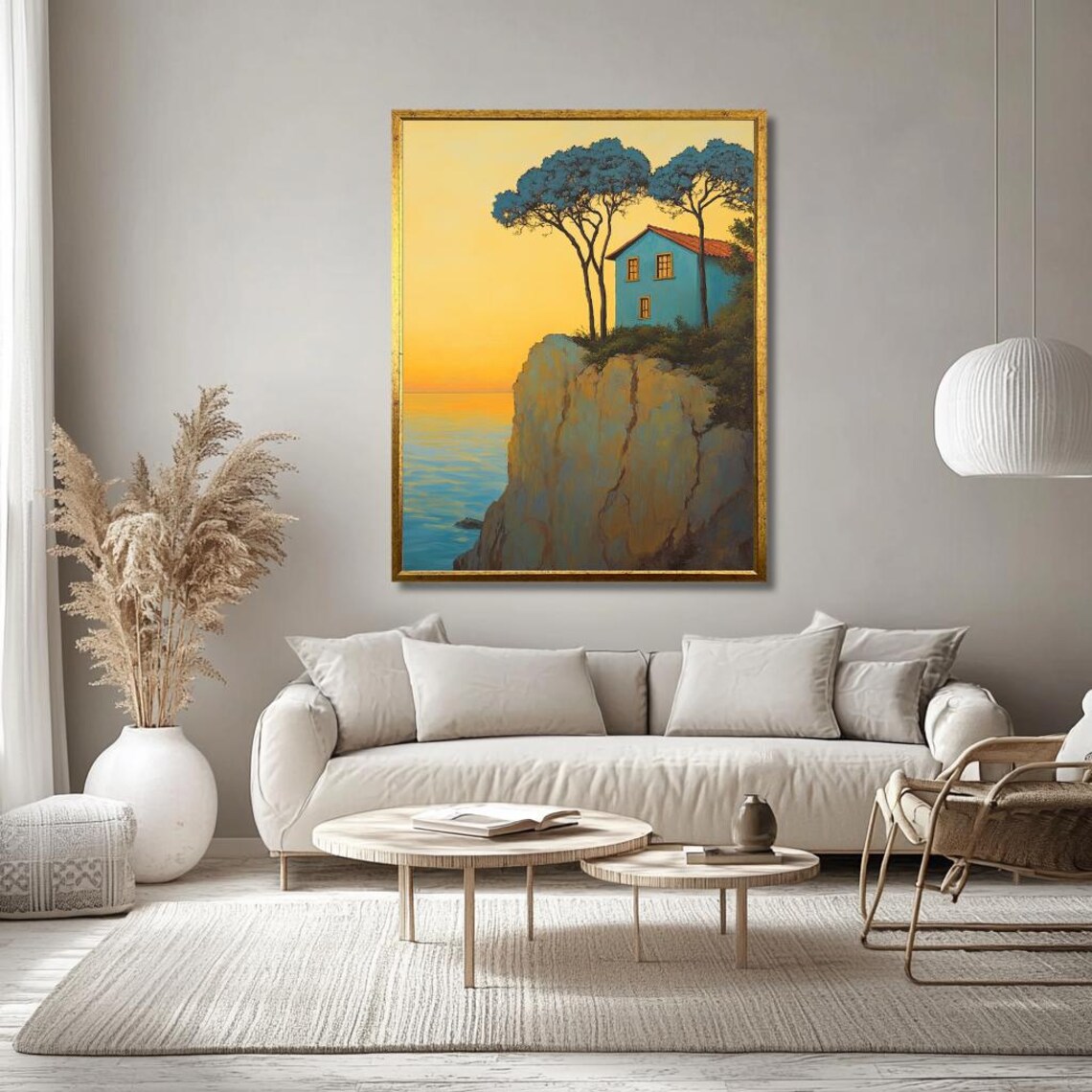 Blue Cliffside House Overlooking The Sea At Golden Sunset Poster - Image 3