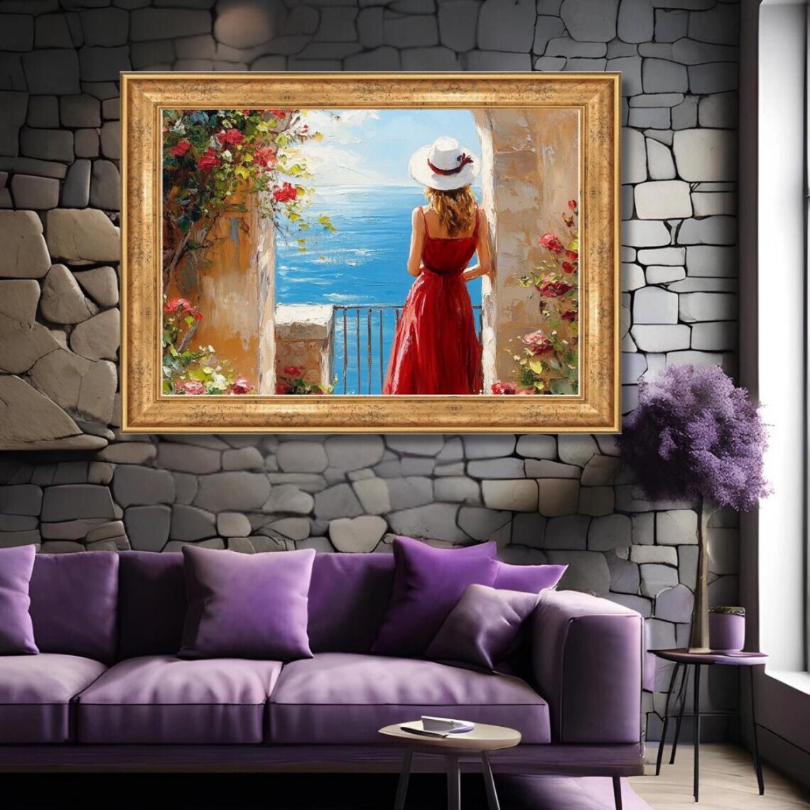 Woman in Red Dress at Mediterranean Coastal Archway Sea View Poster - Image 2