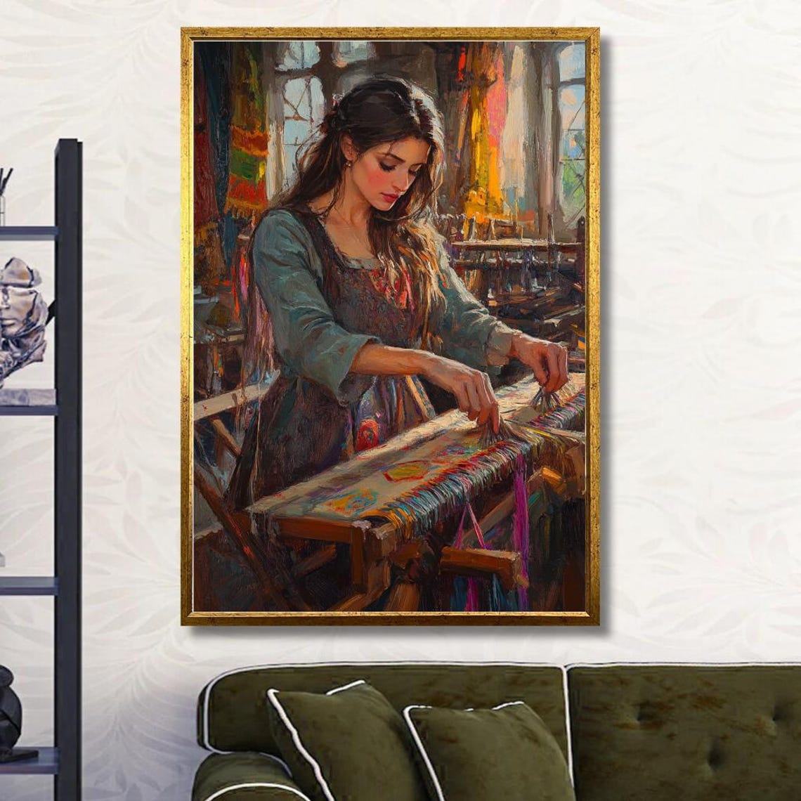 Artisan Woman Weaving at Loom in Sunlit Workshop Painterly Art Poster - Image 3