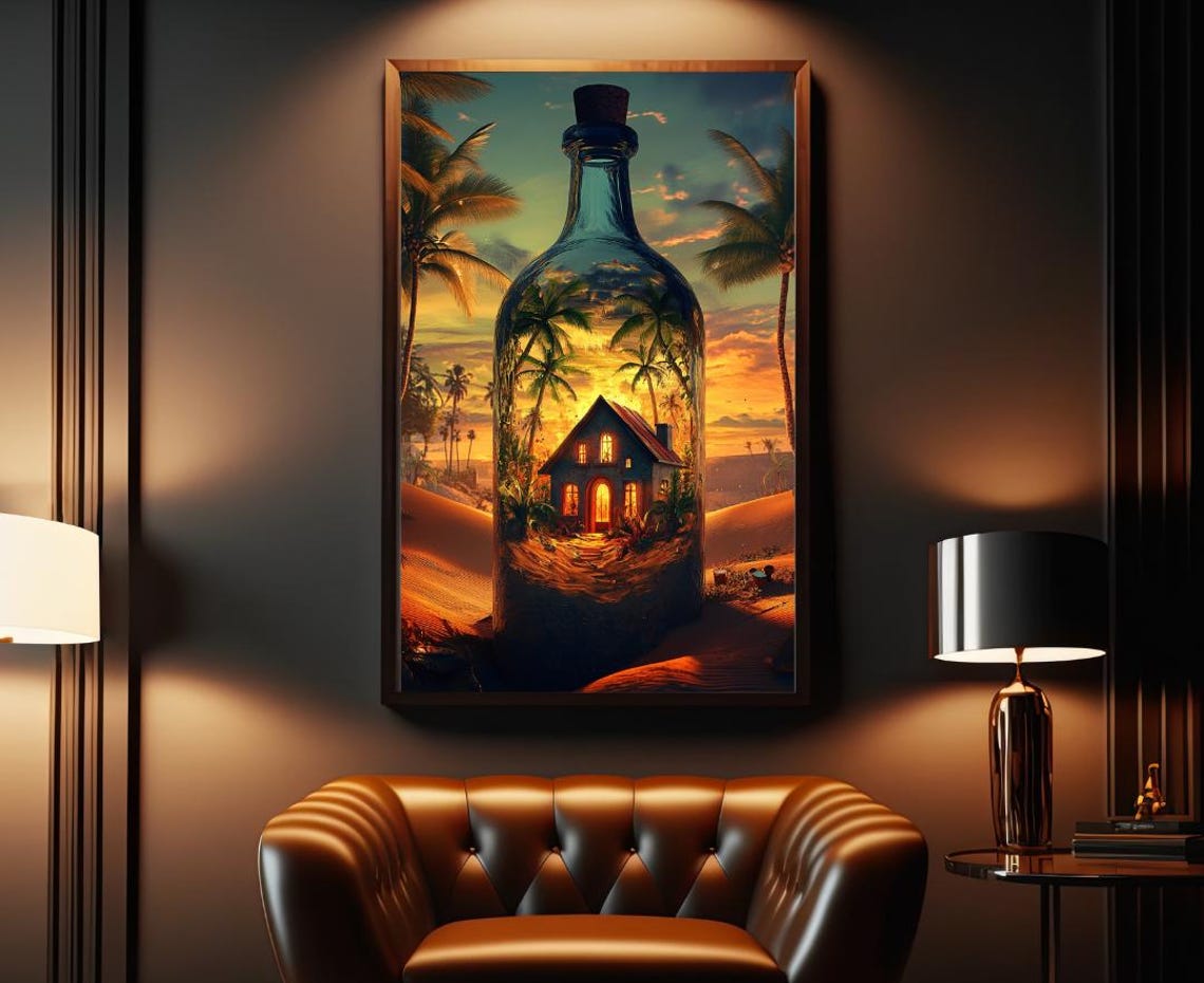 Tropical House Inside Glass Bottle Sunset Surreal Paradise Wall Art