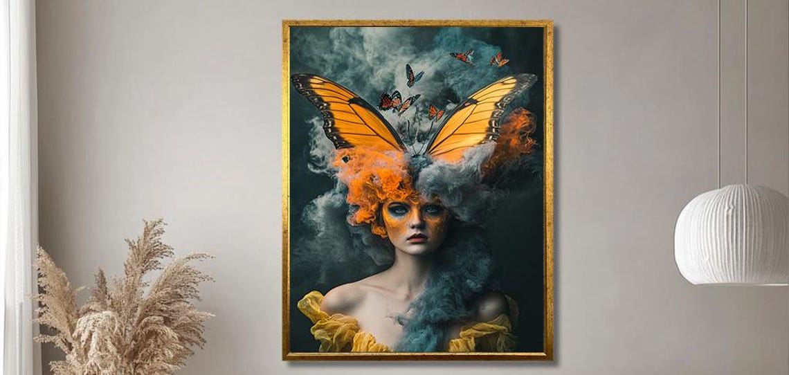 Surreal Butterfly Woman Art Whimsical Fantasy Portrait With Vibrant Wings And Smoky Atmosphere Unique Wall Decor For Artistic