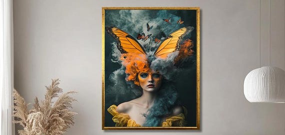 Surreal Butterfly Woman Art Whimsical Fantasy Portrait With Vibrant Wings And Smoky Atmosphere Unique Wall Decor For Artistic