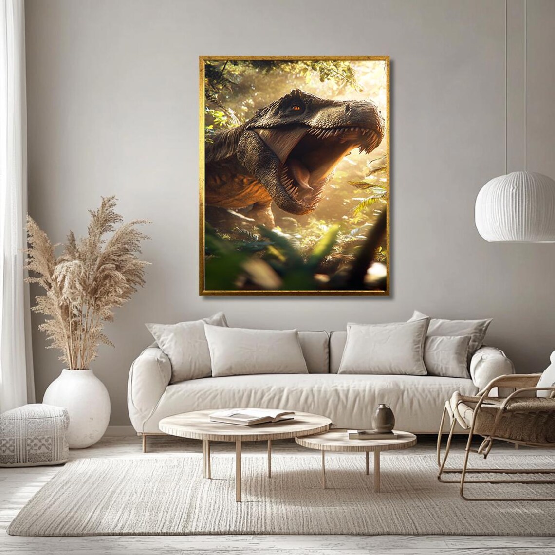 Tyrannosaurus Rex Roaring in Sunlit Jungle Wildlife Art Poster - Image 3