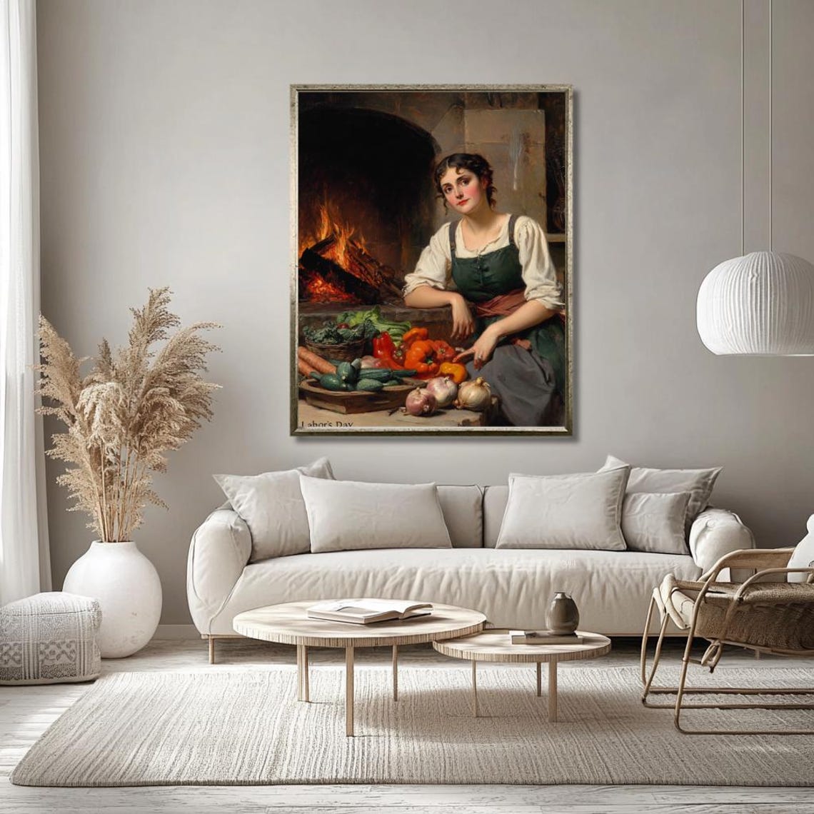 Vintage Kitchen Maid with Vegetables by Fireplace Classic Art Poster - Image 3