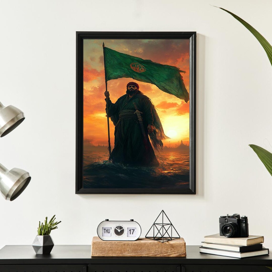 Warrior Holding A Green Banner In The Sea At Golden Sunset Poster - Image 2