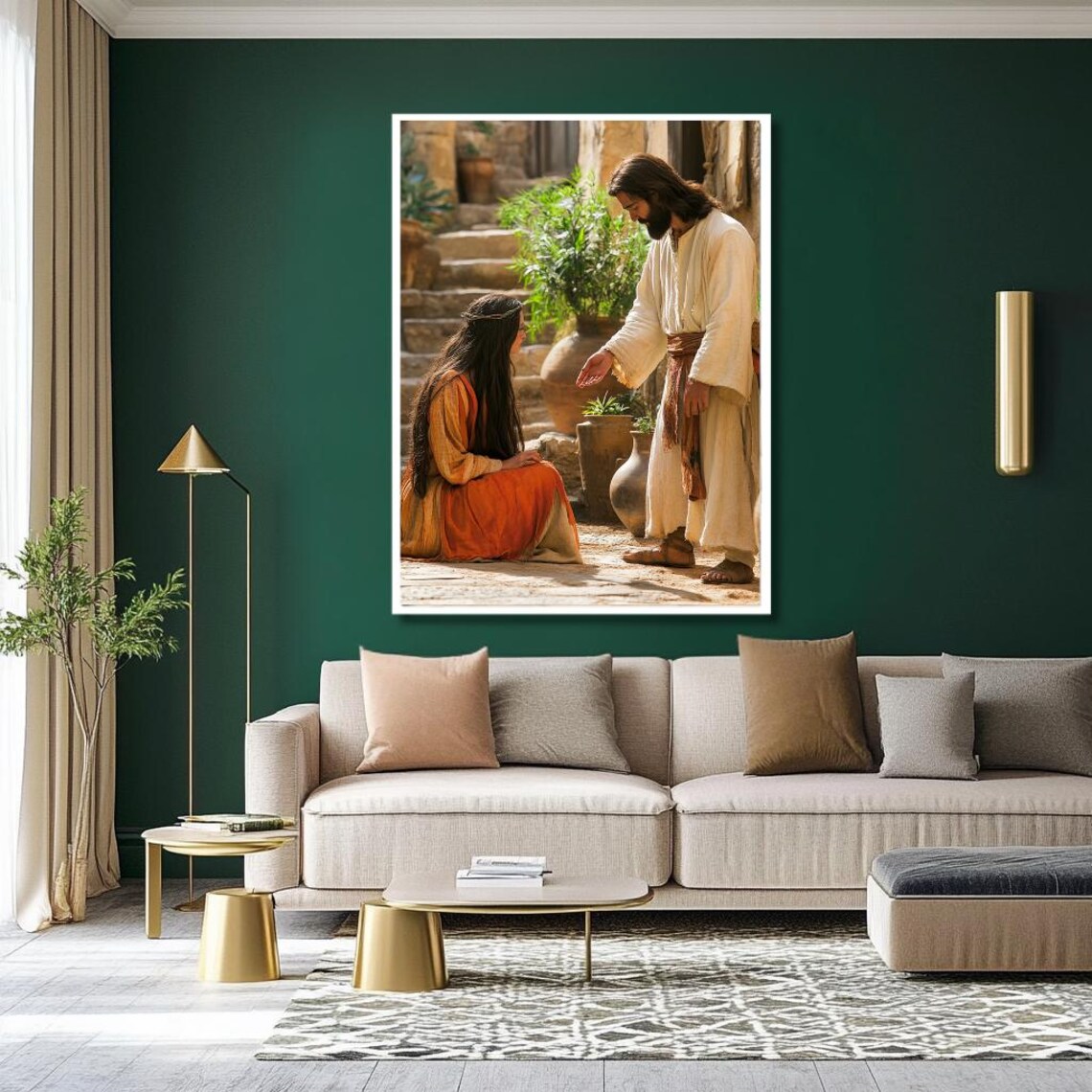 Jesus Extending His Hand to Kneeling Woman in Ancient Courtyard Poster - Image 2