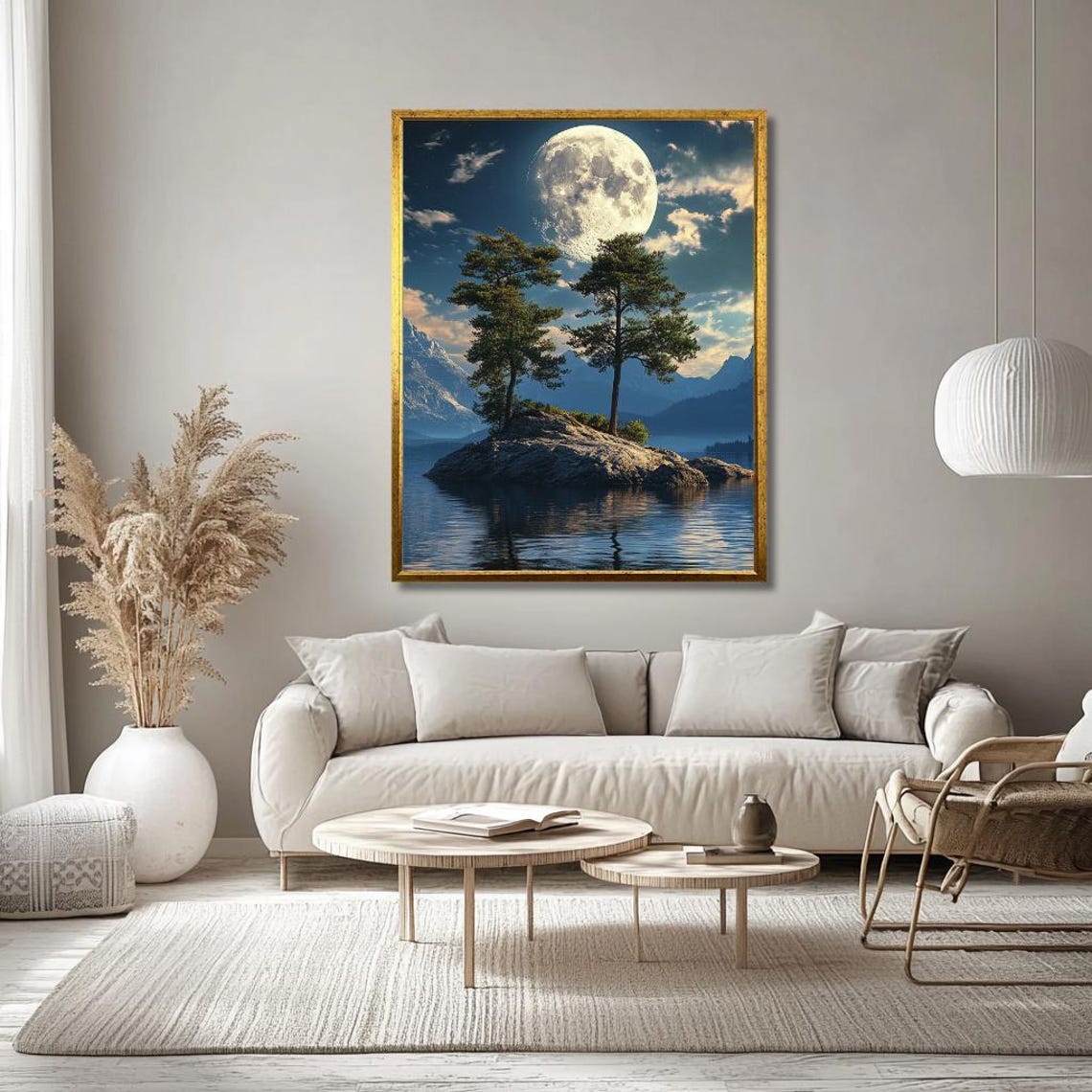 Bright Full Moon Over A Mountain Lake With A Small Pine Island Poster - Image 3