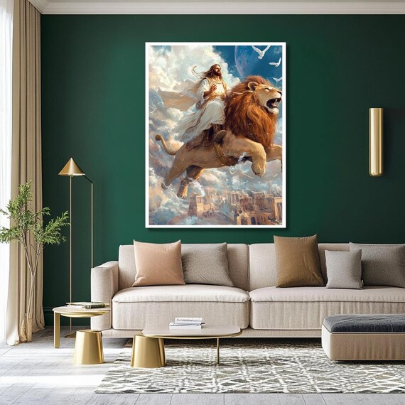 Jesus Riding the Lion of Judah Soaring Through the Clouds Poster