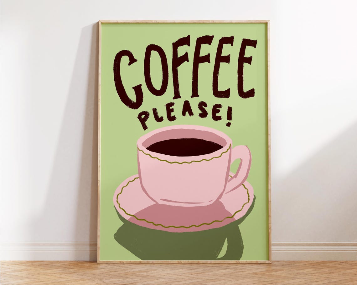 Retro Coffee Please Pink Cup Green Background Kitchen Poster