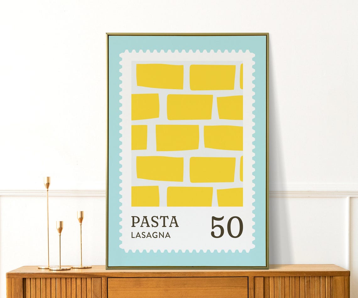 Lasagna Pasta Postage Stamp Style Retro Italian Kitchen Print