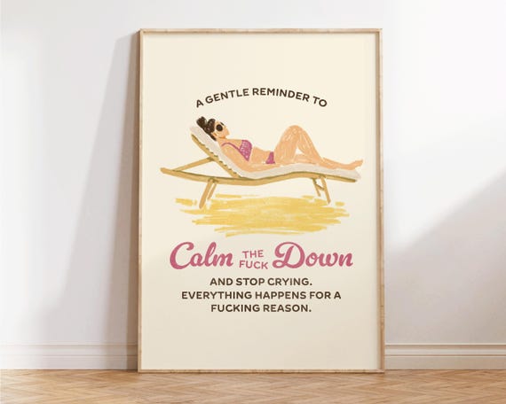 Calm The Fuck Down Retro Wall Art Funny Bedroom Trendy Apartment Decor Summer Illustration Print Beach Poster Preppy Quotes