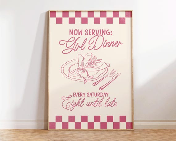 Girls Dinner Print Hot Girly Wall Art Retro Kitchen Preppy Apartment Decor Trendy Funny 90s
