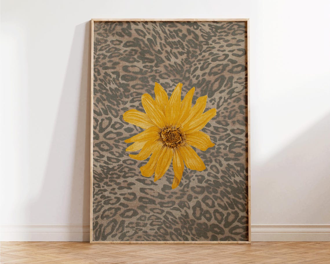 Golden Sunflower on Leopard Pattern Bold Retro Floral Wall Art