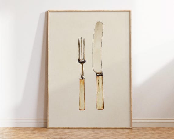 Vintage Kitchen Print Fork And Knife Art Painting Retro Wall Food Bar Cart Decor Home Birthday Gifts