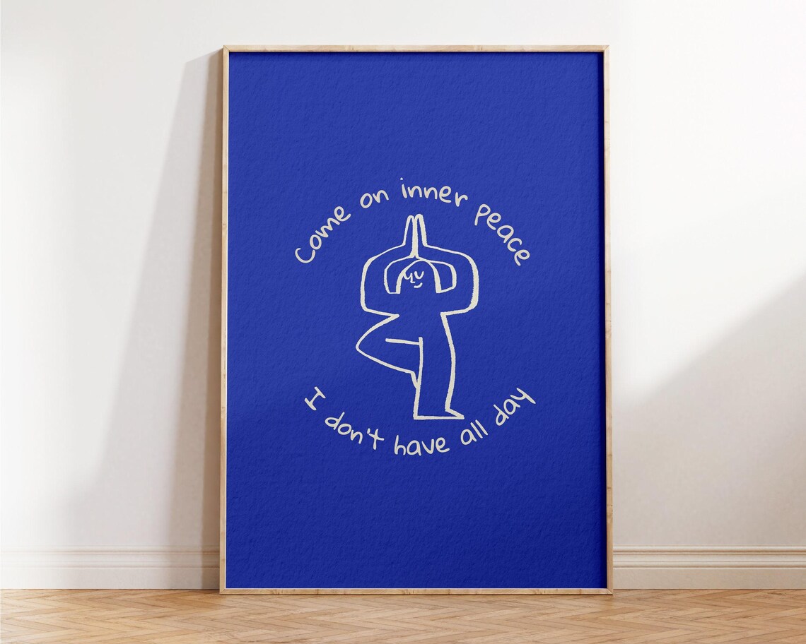 Funny Yoga Quote Inner Peace Line Art Cobalt Blue Wall Poster