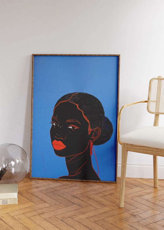 Black Girl Print African Art Modern Woman Wall Blue Painting For Living Room Office Decor Gift Her