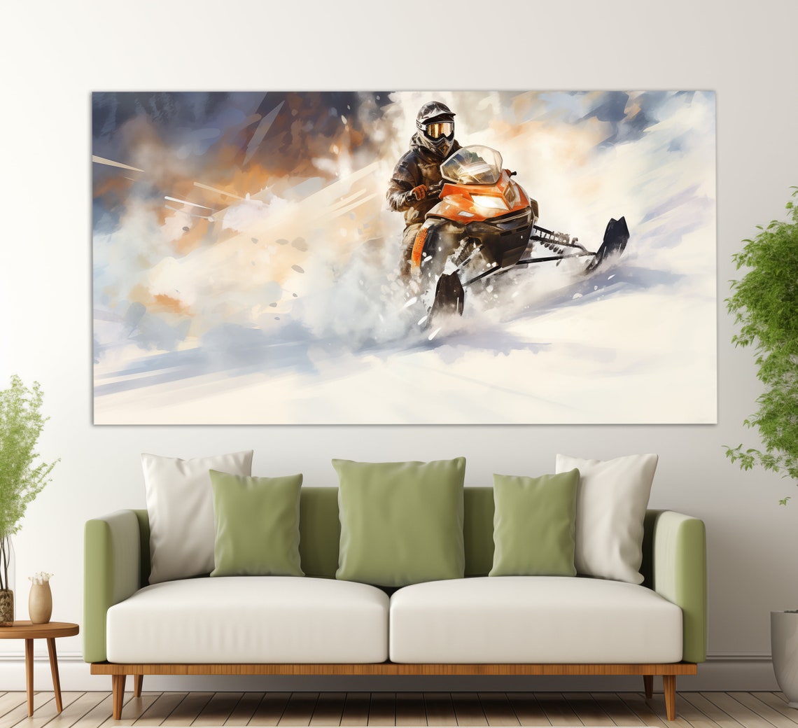 Orange Snowmobile Speeding Snow Watercolor Painting Winter Poster