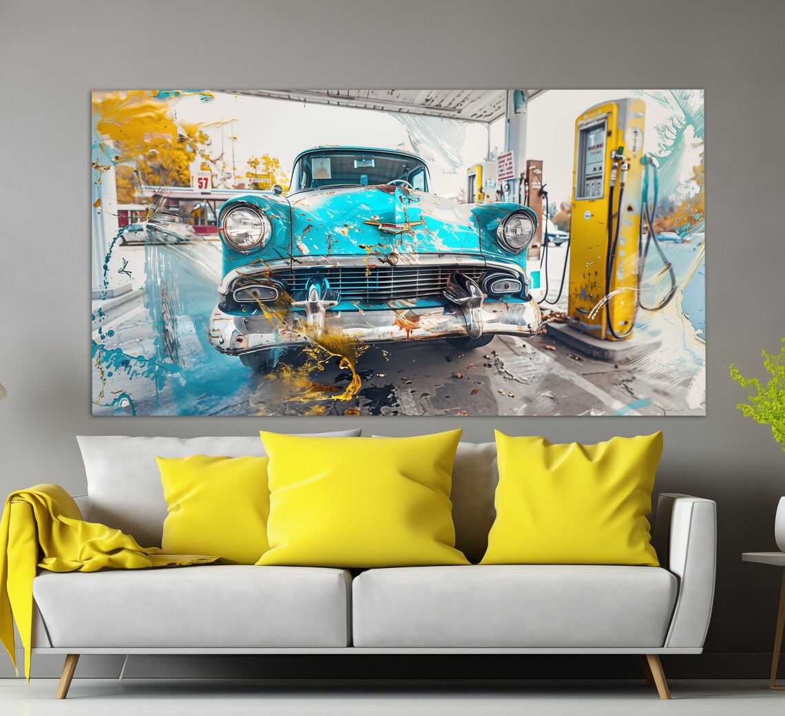 Vintage Gas Station With Retro Car Print In An Abstract Oil Painting Style Vintage Wall Art Gas Station Decor Car Service Decor