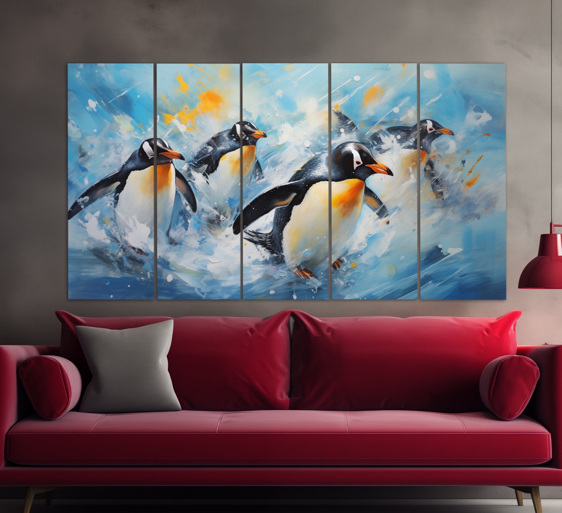 Penguins Swimming Blue Water Splash Oil Painting Style Poster - Image 2