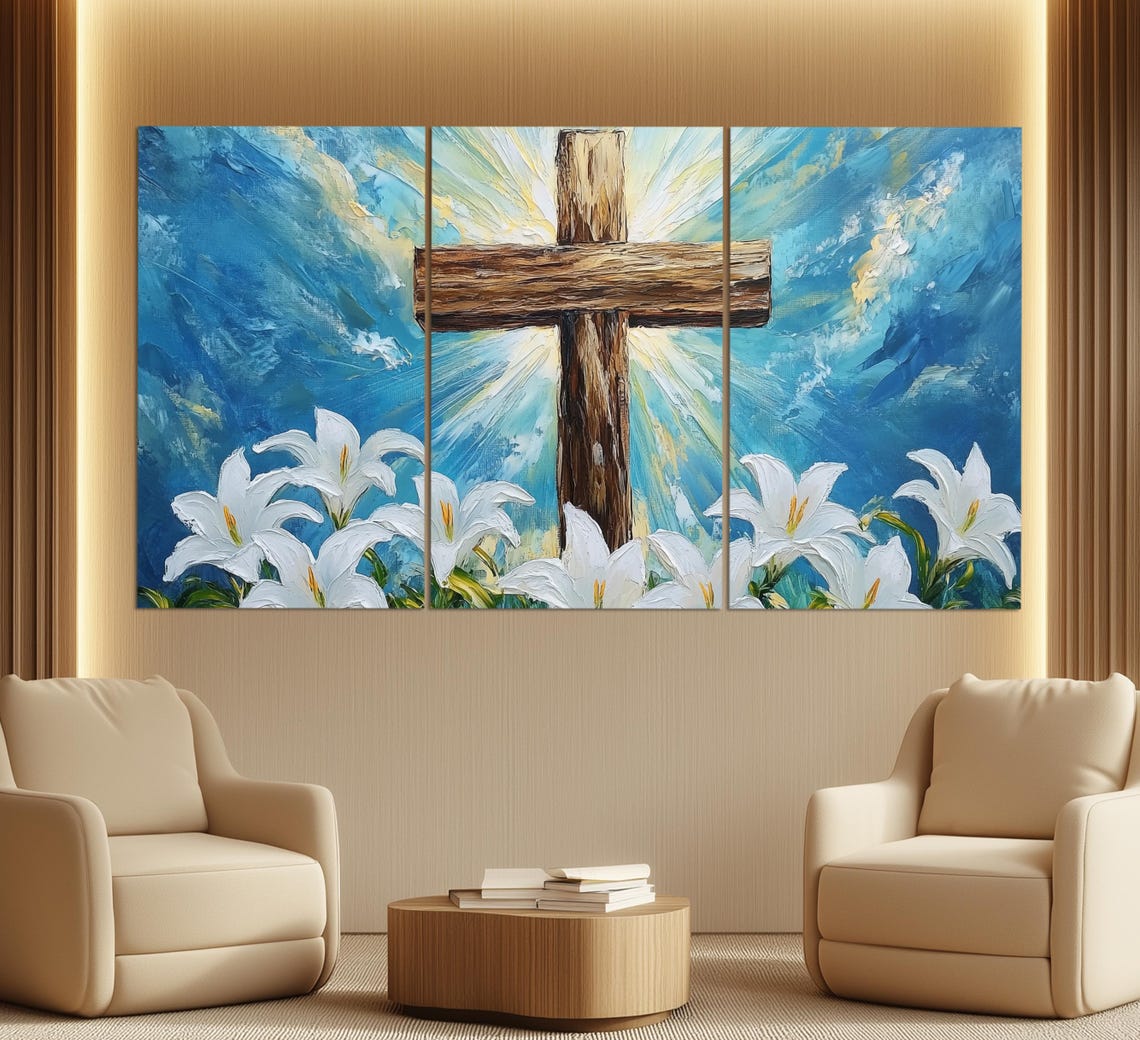 Wooden Cross With White Lilies And Heavenly Light Blue Sky Wall Art - Image 3