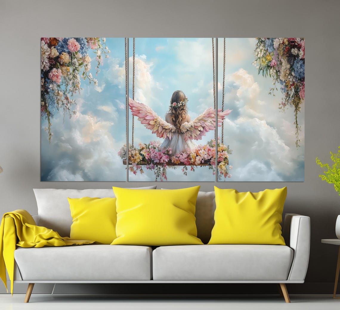 Little Angel On A Swing Print Angels Wall Art Kids Room Wall Art Modern Girl Bedroom Wall Decor Angel Painting Girl Room Decor - Image 3