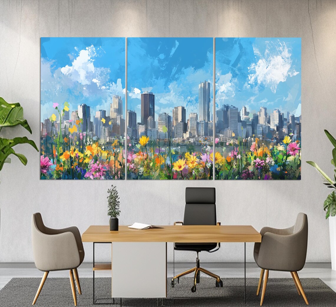 Sao Paulo Skyline Blue Sky Blooming Wildflowers Oil Painting Poster - Image 3