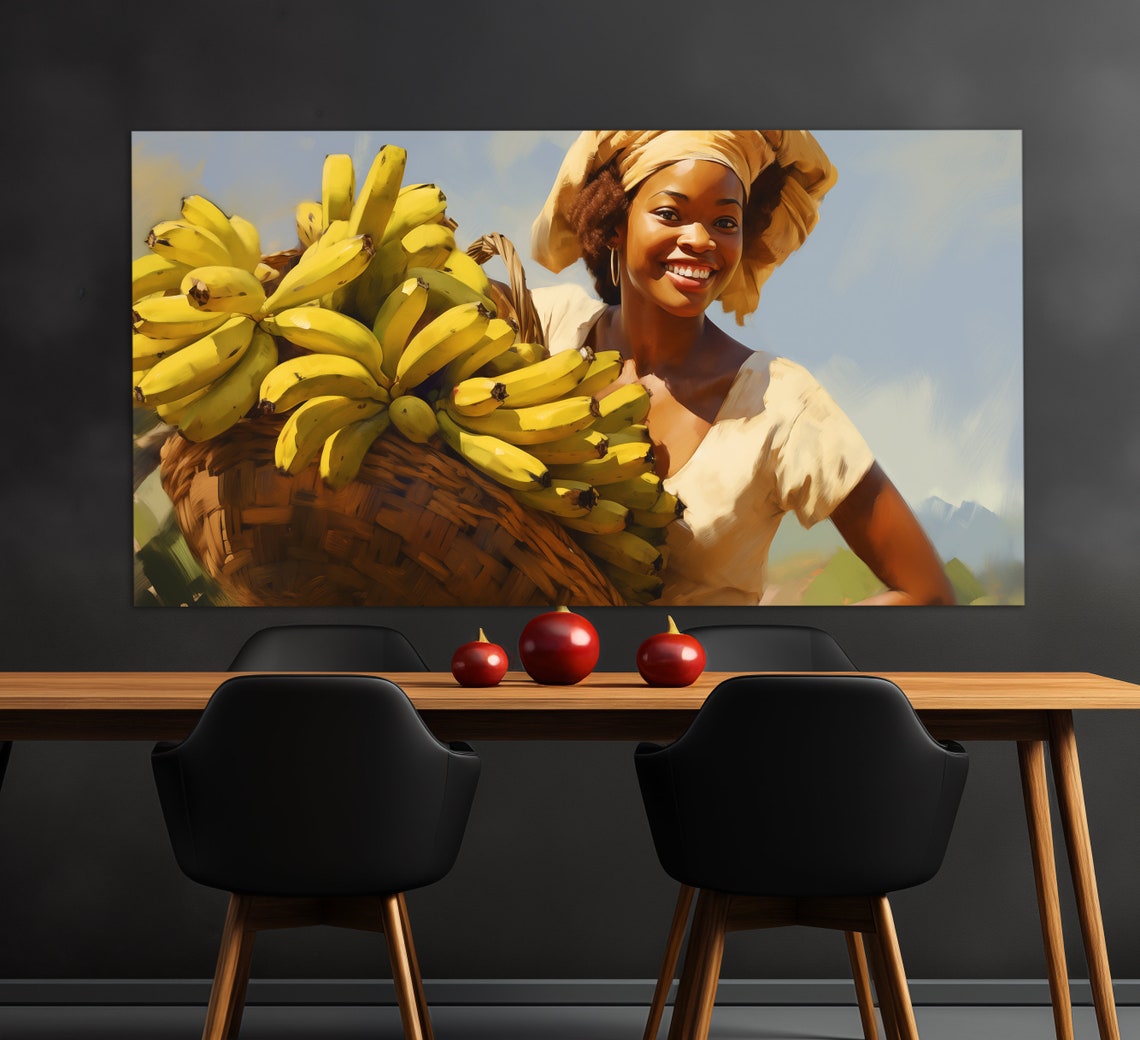 African Lady With A Basket Of Bananas Print In An Oil Painting Style Kitchen Wall Art Ethnic Woman Painting African Wall Decor