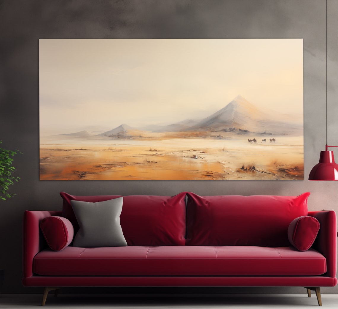 Desert Landscape Hazy Mountains Camel Caravan Warm Beige Poster - Image 4