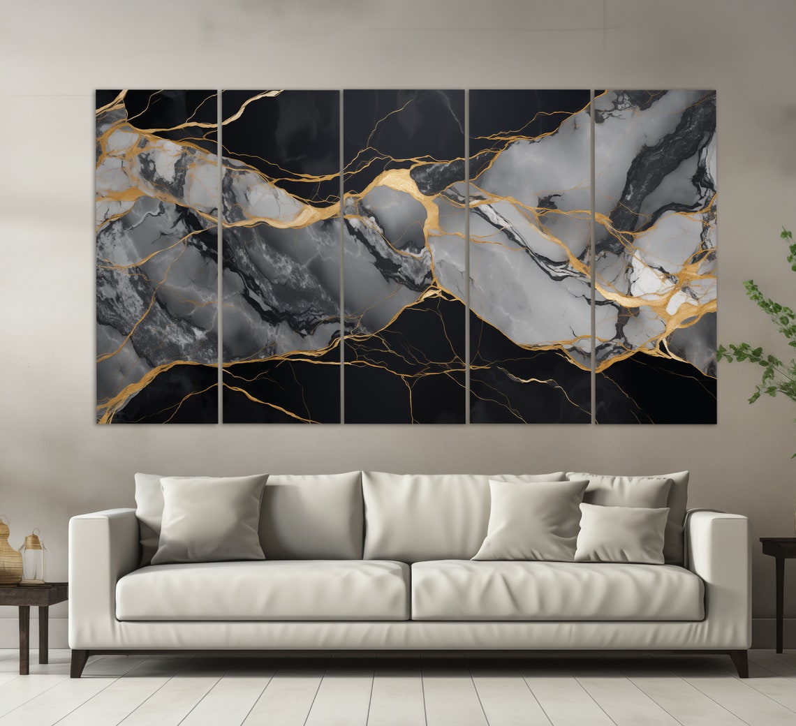 Black Marble Gold Veins Abstract Luxury Stone Texture Modern Wall Art - Image 5