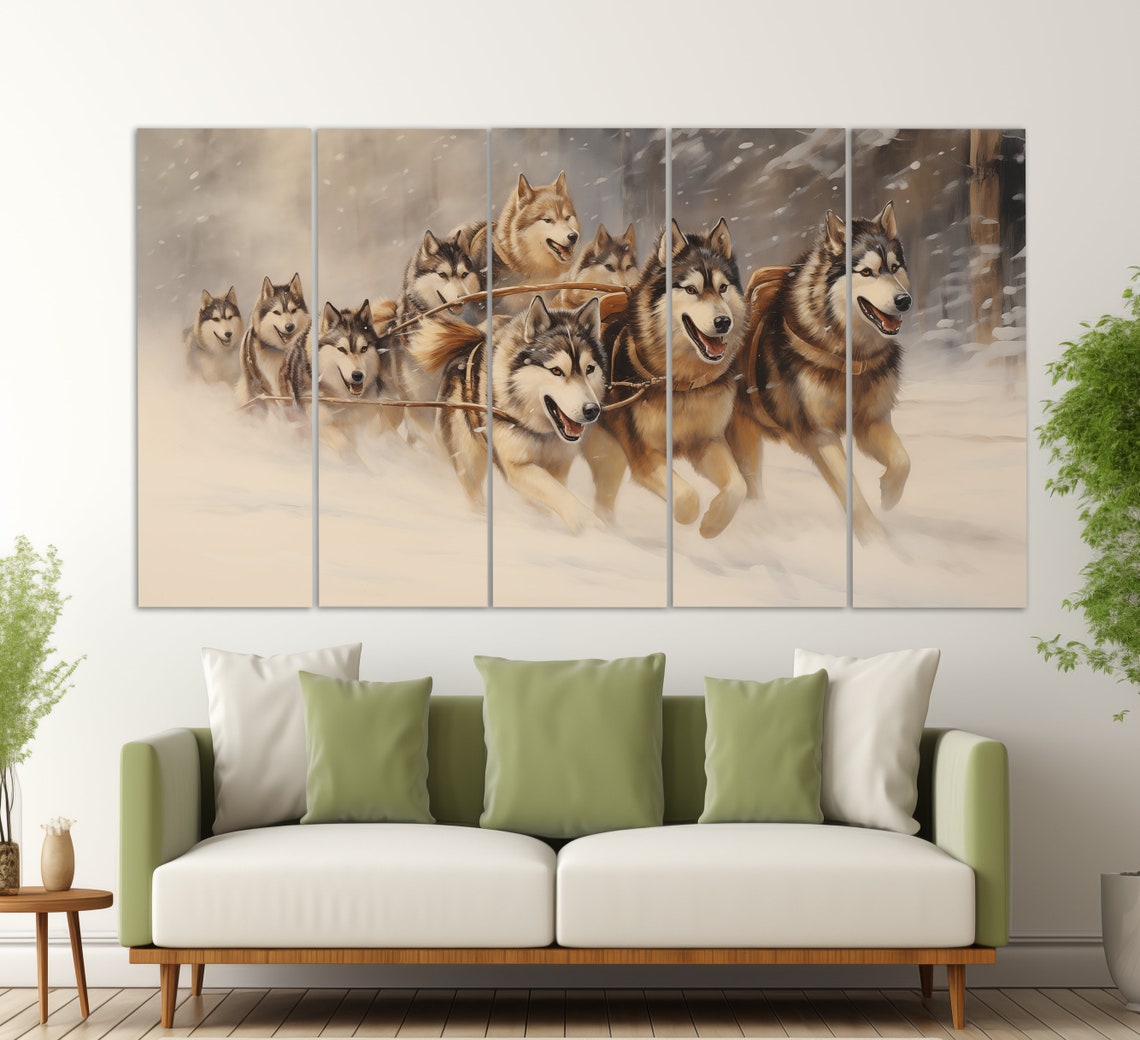 Sled Dog Team Running Through Snowy Forest Winter Oil Painting Poster - Image 2