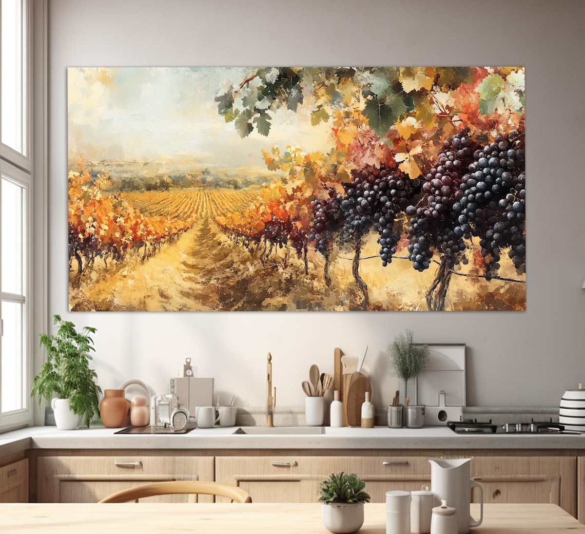 Cyprus Vineyards Autumn Golden Rows Ripe Dark Grapes Wine Country Wall Art