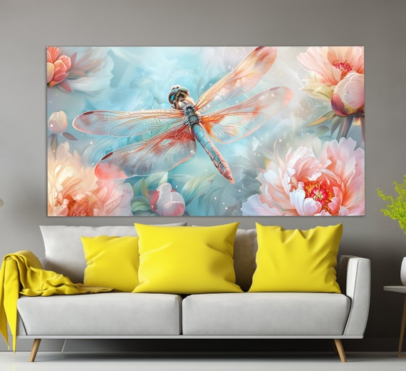 Dragonfly In Flowers Print In An Oil Painting Style Dragonfly Poster Spring Flowers Wall Art Dragonfly Painting Dragonfly Print